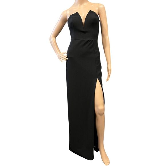 LULUS Dedicated to Glamour Black Strapless Maxi Dress Thigh High Slit Sz S NWT - Picture 2 of 8